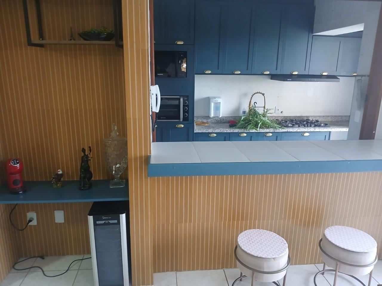 Bancada americana com banquetas separando a cozinha da sala, com painel ripado e adega