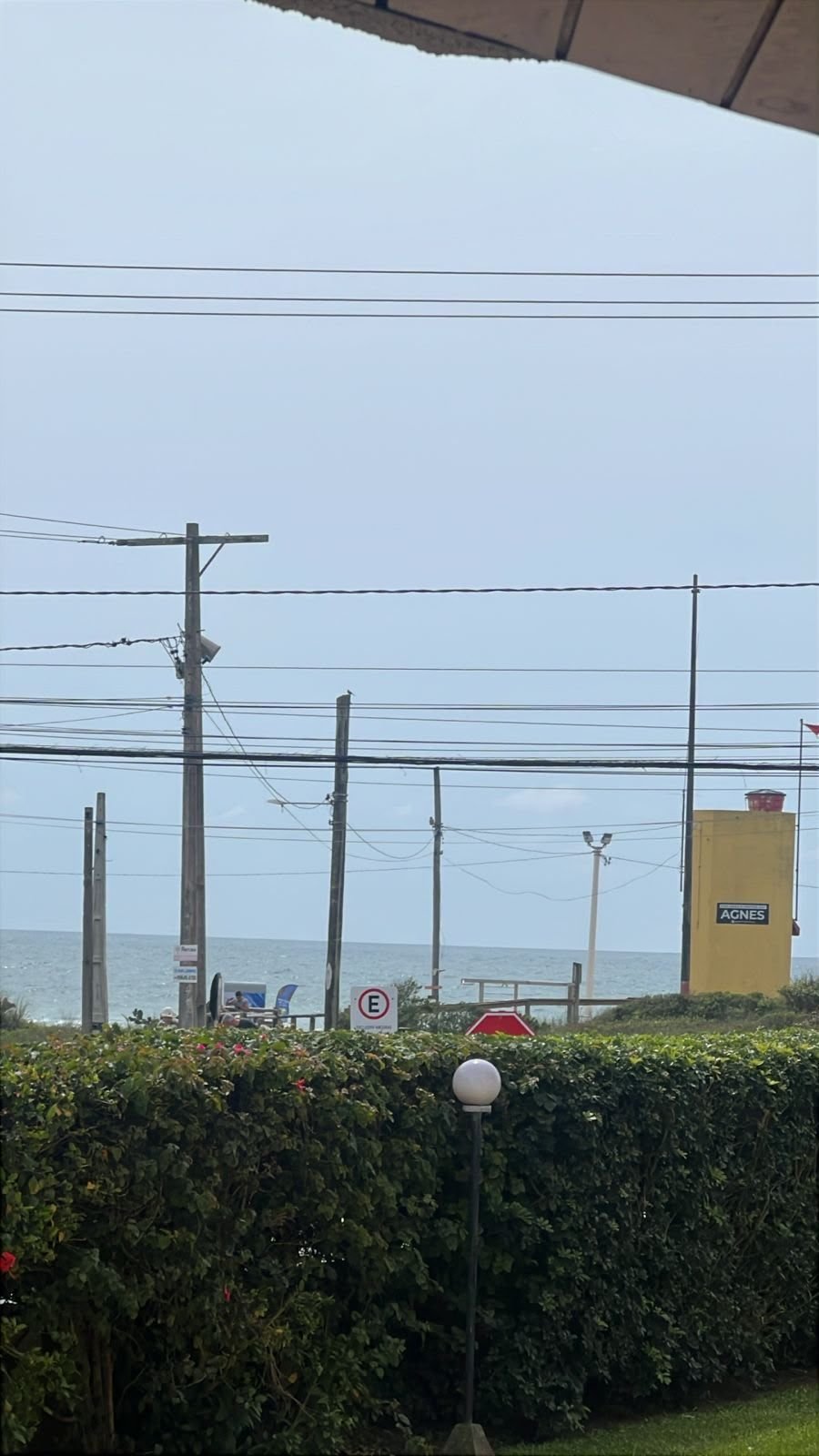 Vista do mar por cima da cerca-viva, com o posto de salva-vidas e a faixa de areia